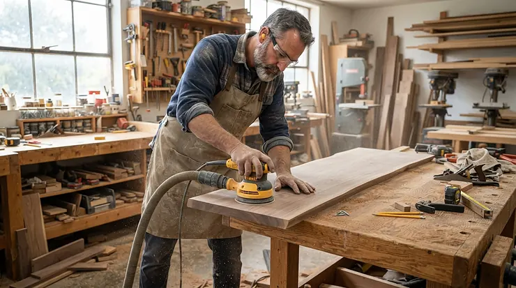 A craftsman using a random orbit sander for woodworking on a solid oak tabletop in a British workshop