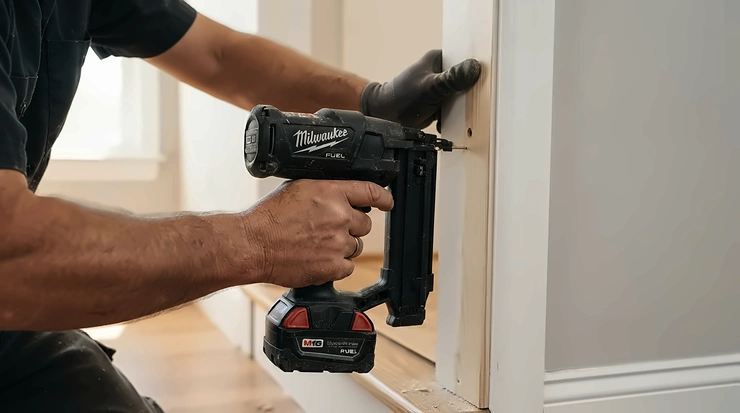 A professional carpenter using a second fix nailer to attach an oak door frame architrave in a new build property.