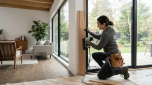 A straight magazine second fix nailer being applied to precise window casing and interior trim work.