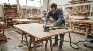 Craftsman using a random orbit sander for woodworking to finish a handmade pine dining table