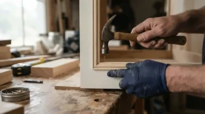 Using a budget brand quality brad nailer for beading intricate wooden trim on a cabinet door
