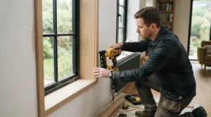Operating a cordless battery-powered brad nailer for beading around a window frame