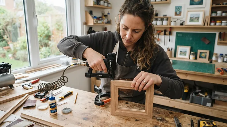 DIY enthusiast using a simple brad nailer for beading picture frame moulding