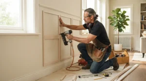 Applying a brad nailer for beading while installing wall panelling in a period living room