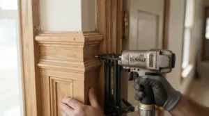 Detail shot of a lightweight brad nailer for beading delicate door architrave