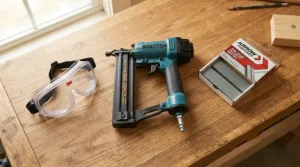 Affordable brad nailer for beading laid out with nails and safety glasses on a table
