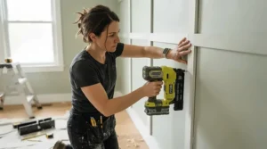 Detailed view of brad nailer vs finish nailer applications on delicate trim work around interior skirting boards