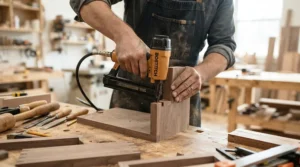 A comparison showing a brad nailer vs finish nailer being used on a wooden cabinet project in a British workshop