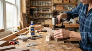 Demonstrating picture frame joinery when deciding on a brad nailer vs finish nailer for craft projects