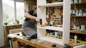 Assembling custom shelving with a cordless brad nailer in a home garage workshop