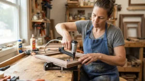 Craftsman using a cordless brad nailer for fine woodworking and cabinetry joints