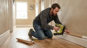 A tradesperson using a cordless brad nailer to fit wooden skirting boards in a British hallway