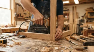A hobbyist working on a small woodworking project with a cordless brad nailer