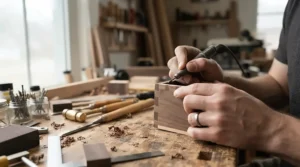 A hobbyist crafting a small decorative wooden box with a cordless brad nailer