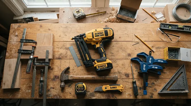 A cordless brad nailer resting on a wooden workbench surrounded by hobbyist workshop tools