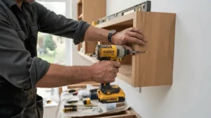 A carpenter using a cordless finish nailer to secure bespoke kitchen cabinetry in a London home