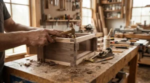 Detailed fine joinery work on a solid oak bookcase with a cordless finish nailer
