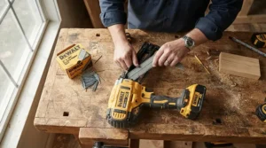 Loading sixteen gauge fasteners into a cordless finish nailer on a workbench