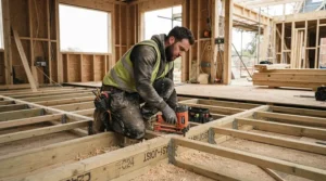 First fix carpenter securing floor joists with a reliable cordless framing nailer indoors.
