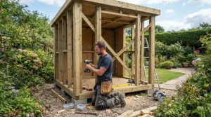Builder constructing a garden outbuilding frame using a battery powered cordless framing nailer.