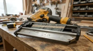 Close-up view showing the high-capacity magazine loaded onto a professional cordless framing nailer.