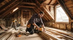 Professional carpenter operating a cordless framing nailer during a domestic loft conversion project.