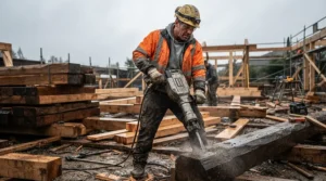 Durable cordless framing nailer being used outdoors on a damp British construction site.
