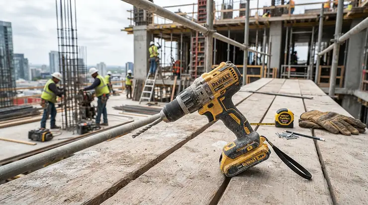 Rugged cordless framing nailer resting on scaffolding during a demanding commercial building site phase.