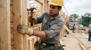 Heavy duty cordless framing nailer driving fasteners into an exterior timber frame house extension.