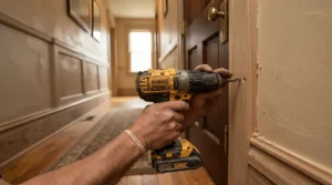 Close-up of a finish nailer for skirting boards being used on a hallway DIY project