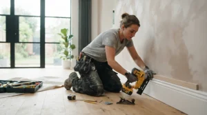 Using a finish nailer for skirting boards during a modern living room renovation in a British home