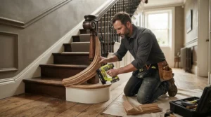 A professional fitting timber with a finish nailer for skirting boards around a staircase
