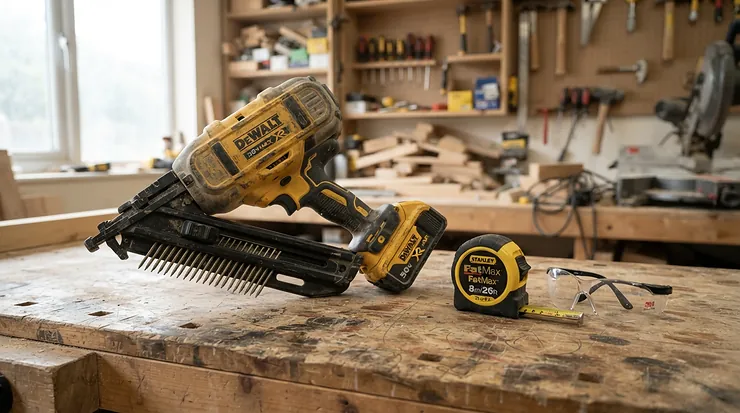 Preparing a finish nailer for skirting boards before starting interior carpentry work