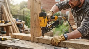 Detailed view of a framing nailer for decking working on a tight corner angle