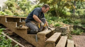 A DIY enthusiast operating a framing nailer for decking to build outdoor wooden steps