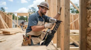 A tradesperson using a framing nailer for decking to secure wooden joists in a garden setting
