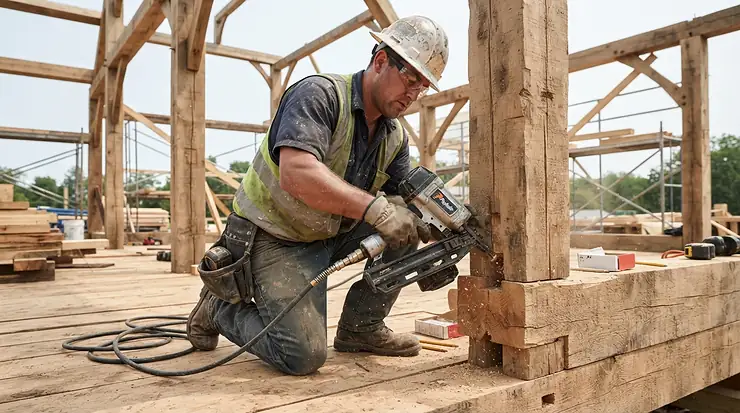 A contractor assembling the wooden subframe with a framing nailer for decking