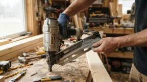 Loading weather-resistant fasteners into a framing nailer for decking before starting work