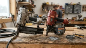 Tools laid out on a workbench for a framing nailer vs first fix nailer assessment