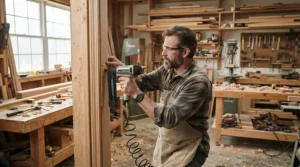 Demonstrating a second fix nailer vs brad nailer when attaching detailed architrave around a newly fitted interior door frame.