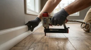 A second fix nailer vs brad nailer demonstration focused on attaching delicate wooden beading to flooring edges.