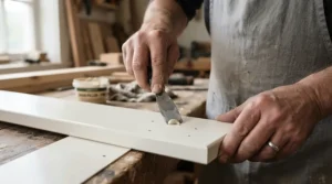 Applying wood filler during a second fix nailer vs brad nailer project to achieve a seamless finish on painted timber.