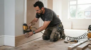 A second fix nailer vs brad nailer comparison showing which tool is ideal for securing wooden skirting boards to a hallway wall.