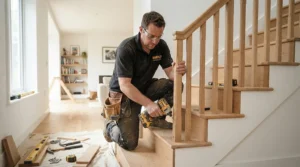 Choosing a second fix nailer vs brad nailer for installing wooden stair spindles and handrail trim during a home renovation.