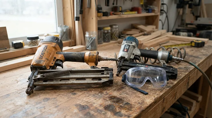 Laying out both tools side by side in a second fix nailer vs brad nailer equipment guide for professional carpenters.