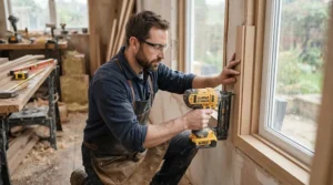 Comparing a second fix nailer vs brad nailer while securing precision window casing and interior frame surrounds.