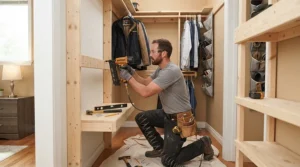 Assembling fitted bedroom furniture using second fix nailers