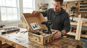 A homeowner unboxing affordable second fix nailers for a DIY project